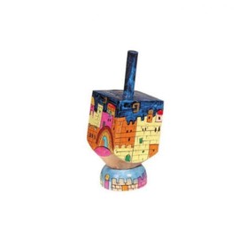 Jerusalem and Kotel Hand Painted Small Wooden Dreidel and matching Stand by Yair Emanuel