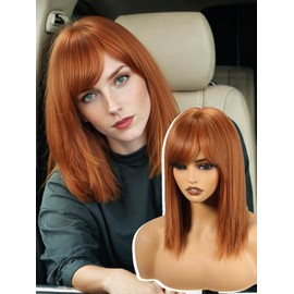 KOME Ginger Orange Bob Wig with Bangs, Short Straight Hair Wigs for Women,Synthetic Heat Resistant Natural Looking Hair Wig for Party Cosplay Dality Use 12IN