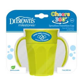 Dr. Brown's Milestones Cheers 360 Cup Spoutless Transition Cup with Handles for Easy Grip and Leak-Free Learning, 7 oz/200 mL, 6m+