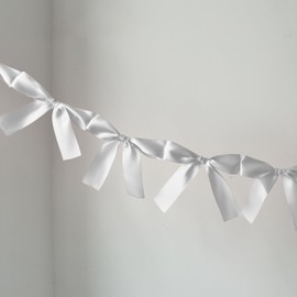 Eanjia Eanjia Pre-Assembled White Bow Garland - 6ft Elegant Church Wedding Decor, Baby Shower Banner & Bridal Shower Backdrop, Thick Satin No DIY Needed! Baby Room Bed Decor (White, 6ft)