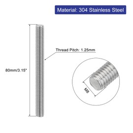 sourcing map 4Pcs Fully Threaded Rod, M8 x 80mm 304 Stainless Steel Right Hand Thread Bar Studs M8-1.25 Thread Pitch for Furniture Machinery Assembly