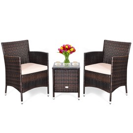 COSTWAY 3 PCS Patio Furniture Set, Outdoor Wicker Conversation Set with Tempered Glass Coffee Table, Seat Cushions, Rattan Wicker Chairs for Poolside Balcony Porch Backyard, Beige