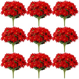 Ovveroche 9 Pack Artificial Poinsettia Flowers 7 Heads Red Christmas Bouquet Silk Floral Decor for Holiday Home Party Vase Fireplace Xmas Decorations