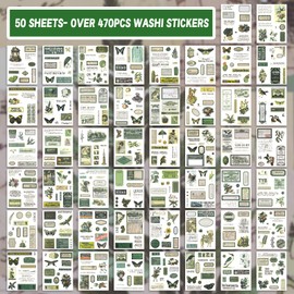 RISYPISY Pre-Cut Vintage Washi Sticker Book for Scrapbookling - 50 Sheets Green Journaling Stickers, Ephemera for Junk Journal Supplies DIY Crafts Arts Frame Album, 476PCS