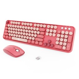 Wireless Keyboard and Mouse Combo, 2.4 GHz Wireless Full-Sized Typewriter Keyboard with Round Keycaps for Windows, Computer, Desktop, PC, Laptop (BerryPink)