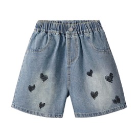 Rolanko Girls' Jeans Shorts, Elastic Waistband, Summer Ripped Hot Short Jeans with Pockets for Children, embroidery heart, 9 - 10 years