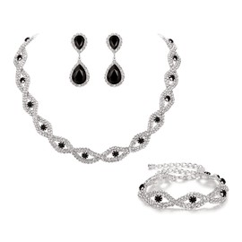 BriLove Wedding Jewelry Set for Bride Women Birdesmaid, Rhinestone Crystal Infinity Choker Necklace Link Bracelet Marquise Dangle Earrings Black Silver-Tone