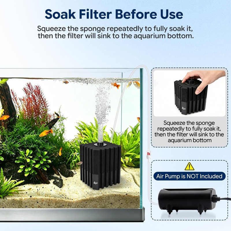 AQQA Aquarium Sponge Filter with Quartz Bio Media, Whisper Quiet