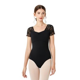 Lanbodance Women's Short Sleeve Leotards for Ballet Dance Adult Ballerina Dance Costume, Black Lace, Large