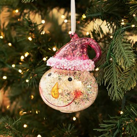 Smiling Snowman Christmas Ornament, Frosted Winter Wonderland Glass Holiday Décor by Christmas Market Ornaments - Pink Hat
