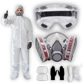 Zimchado Hazmat Paint Suit Plus Full Face Respirator Mask And Anti Fog Protection Goggles Full Body Suit Production 6 Sizes + Gloves (3X-Large)