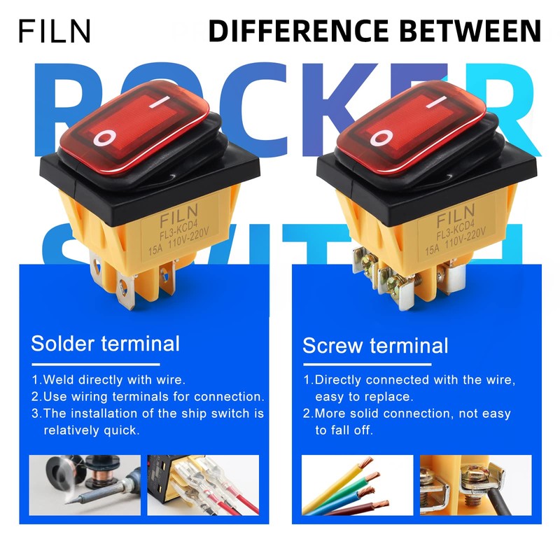 FILN 3pcs 15A KCD4 Waterproof Rocker Switch ON/Off Switch 4Pin