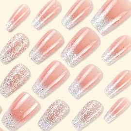 Ombre Press on Nails Short Coffin Fake Nails with Designs Pink White Gradient Acrylic Nail Press ons Cute Glitter Full Cover Glossy Glue on Nail for Women 24 Pcs