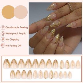 3D Handmade French Tip Press on Nails Medium Almond Shape, 24Pcs Gold Stripes Acrylic Fake Nails Glossy Elegant False Nails, Reusable Artificial Full Cover Stick on Nails for Women Girls Daily Wear