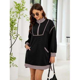 Skoinvb Womens Long Sleeve Sweatshirt Dress Oversized Half Zip Fall Loose Fit Casual Dress with Pockets Black S