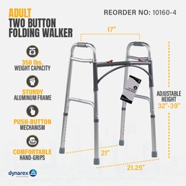 Dynarex Adult Two-Button Folding Walker is a Foldable Stand-Up Walker with Tool-Free Adjustable Height up to 39” & 350 Pound Weight Capacity, Silver, 4 Dynarex Adult Two-Button Folding Walkers