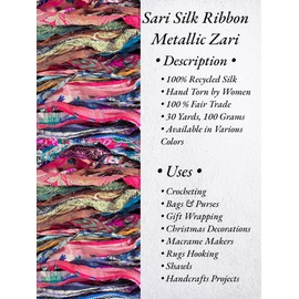 Maker's Craft Recycled Vintage Metallic Zari Sari Silk Ribbon Yarn 30 Yards, 100 Grams for DIY Knitting Crocheting Gift Wrapping, Christmas Decoration, Macrame Makers, Jewelry Making, Rugs Hooking