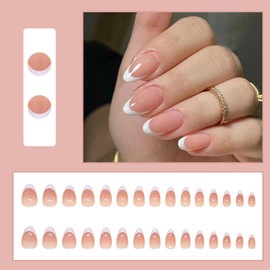 Pack of 24 Almond Nails for Sticking, Short, White French Tip Press On Nails, Nude Pink Artificial Nails, Fingernails for Sticking, Acrylic Full Cover Artificial Nails for Women and Girls Nail Art