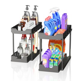 mosala 2 Pack Under Sink Organizers and Storage - 2 Tier Sliding Cabinet - Under Sink Organizer with Hooks - Multi-Purpose Under The Sink Organizer for Bathroom Kitchen - Black