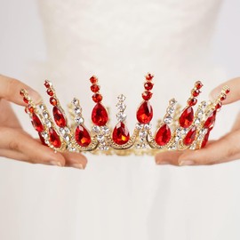 wekicici Red Round Crystal Tiaras Queen Crowns for Women Girls Princess Tiara with Rhinestone Wedding Crown for Prom Bridal Festival Party Christmas Gifts (Red)