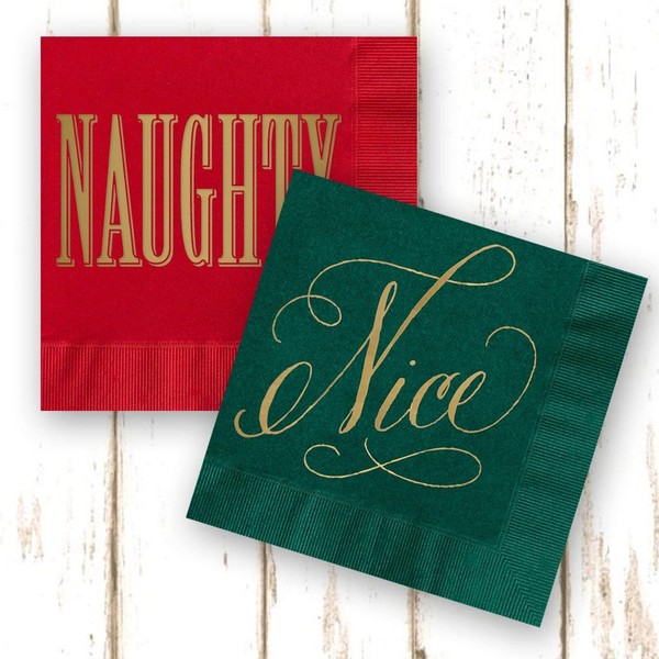 Naughty And Nice Beverage Cocktail Napkins/Set Of 40 Red and Green Naughty Or Nice 3-Ply Paper Holiday Napkins/Gold Foil Holiday Napkins