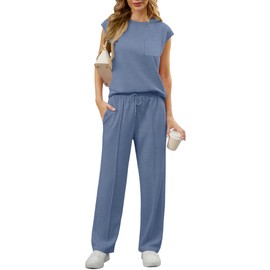 OLRIK Womens Two Piece Sets Summer Outfits Sleeveless Wide Leg Sweatsuit Set Tracksuits Casual Lounge Sets With Pockets Haze blue-S