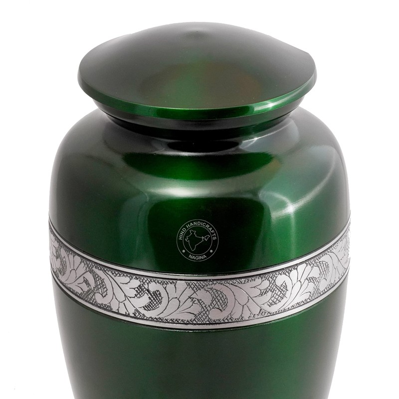 Silver Engraved Cremation Urn for Human Ashes | Green Aluminum