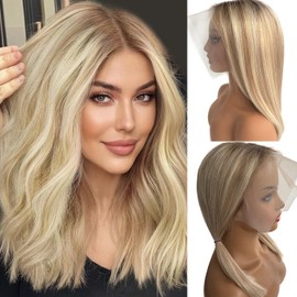13x4 Glueless Ombre Bob Wigs Human Hair Balayage Blonde Lace Front Wig 180% Density Middle Part 14Inch Ash Blonde Highlight Real Human Hair for Women Pre Plucked with Baby Hair Blunt Cut Bob Wigs