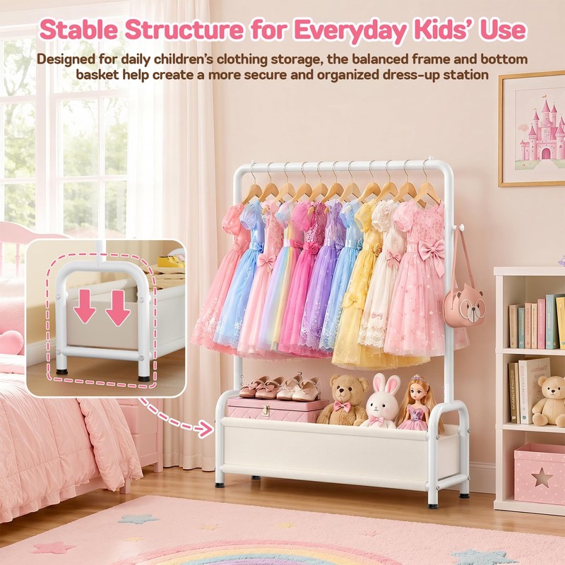 Kids Clothing Rack with Storage Basket Sturdy U-Shaped Dress Up