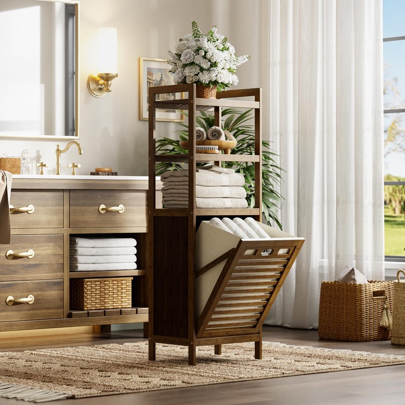 HITNET Bamboo Tilt Out Laundry Hamper, Bathroom Storage Cabinet with