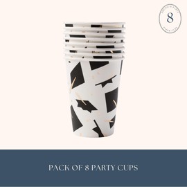 Bonjour Fête Graduation Cap Paper Party Cups | Disposable Cups for Graduation Celebrations | Gold Foil | Premium Party Supplies & Decorations | Pack of 8 | 12oz size