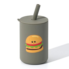 JOYIT Baby Open Cup 6 oz | Baby Silicone Cup for Training and Learning | with a Lid and Silicone Straw (Hamburger-Silver Sage)