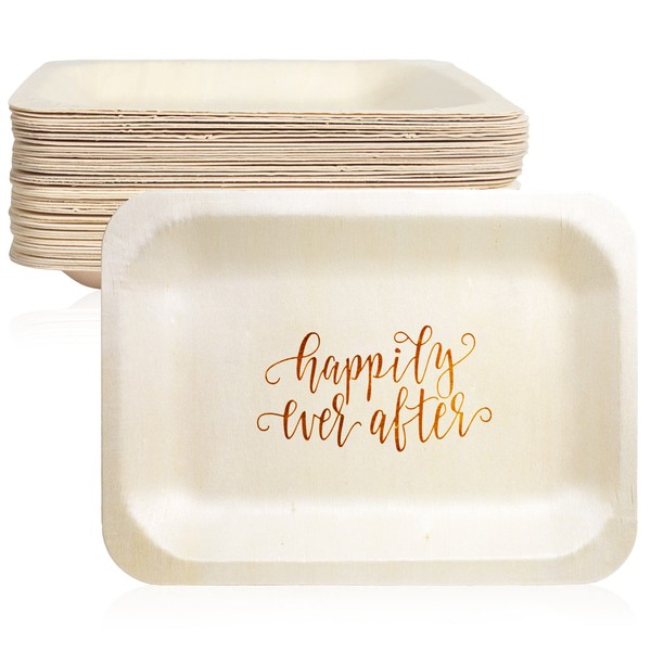 Happily Ever After Disposable Wedding Plates – Rustic, Compostable Alternative to Plastic Plates for Wedding Receptions, Engagement Parties, and Rehearsal Dinners (Salad/Dessert, 50-Pack)