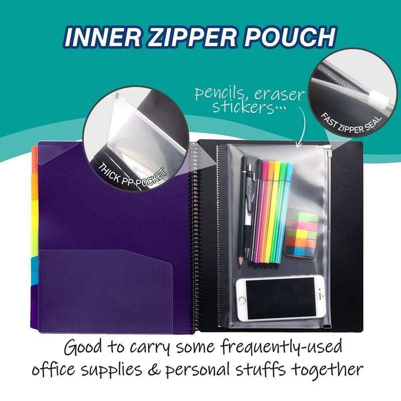 H4D 12 Pocket Poly Project Organizer, Spiral Multi Pocket Folder
