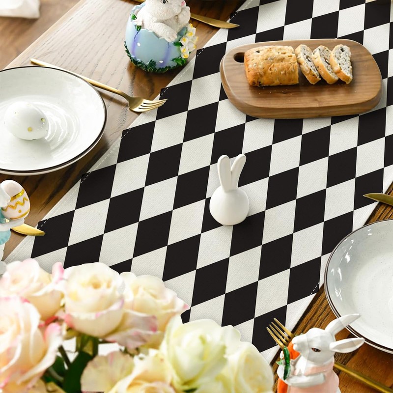 Black and White Diamond Table Runner Tea Themed Party Decor