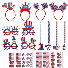 Hopodix 4th of July Costume Accessories Red White and Blue Headbands Glasses Necklacks Face Stickers for Women Men Patriotic Party Accessories