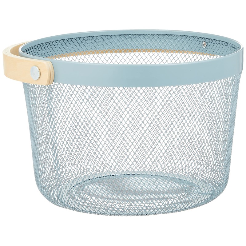 Daikai Linie Storage Iron Basket, Wood Handle, Round, Light Blue