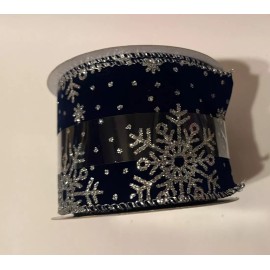Celebrate It 2 1/2” x  20 Ft wired  Silver Snowflakes On Navy Ribbon For Christmas Or Winter
