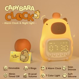 Aokpsrt Capybara Alarm Clock with Night Light for Kids, Cute Toddler Alarm Clocks for Bedrooms Ok to Wake Clocks for Girls and Boys, Silicone Animal Tabletop Lamp for Kid, RGB Color