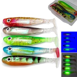 Rubber Fish Set with Glow Stick/Attractant Channel 12 cm Rubber Fish Bait with 3D Eyes and Realistic Decor Predator Fishing Bait in Bait Box for Zander (5 x & Box with Reflector)