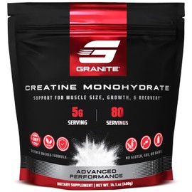 Granite Supplements Granite Creatine Monohydrate, Supports Strength, Endurance, & Muscle Recovery, Creatine for Men & Women, Soy-Free, Dairy-Free, Gluten-Free (80 Servings)