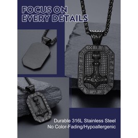 Bandmax Black Nordic Pendant Necklace for Men Dog Tag Pendant Viking Runes Protection Amulet Stainless Steel Thors Hammer Necklaces Chain Gift for Men