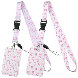 YXSJAS 2PCS Pink Bow ID Badge Holders with Retractable Reel Clip Breakaway Lanyards White Pink Card Protector Case Cute Office Accessories for IDs, Work permits and Access Cards for Women