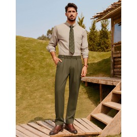 Mens Regular Fit Pleated Pants Tapered Vintage Casual Trousers for Wedding with Extended Waistband Suit Olive Green S