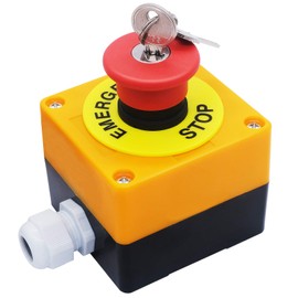 mxuteuk HB2-ES142-BOX-Y 1NC 22mm Red Mushroom Emergency Stop Push Button Switch Key Reset AC 660V 10A Switch Station Box，1 Years Warranty