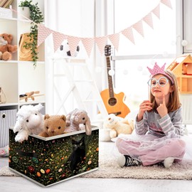 FITIE Dark Green Wildflower Black Cat Storage Bin Box with Handles, Cottagecore Floral Botanical Cat Foldable Organizer Basket Toybox for Girls Room Bedroom Bathroom Clothes Toys Books