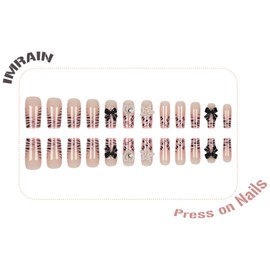 IMRAIN Press on Nails Medium Square Fake Nails Pink French Tips False Nails with Black Bow Design Glossy Glue on Nails Acrylic Nail Supplies Full Cover Stick on Nails for Women Girls 24Pcs