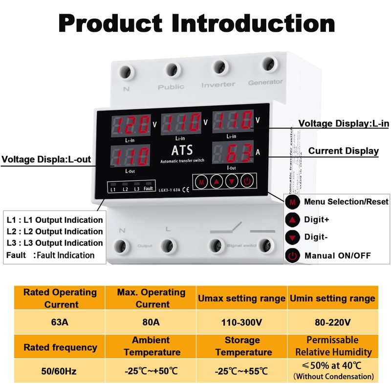 Automatic Transfer Switch,Automatic Switching Between Utility Power、Generator and Inverter,Overcurrent Protection,Overvoltage
