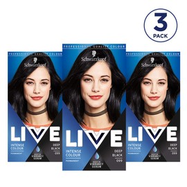 LIVE Schwarzkopf Live Intense Colour Black Hair Dye, 3-Pack Permanent Colour with Vibrancy Serum, 099 Deep Black