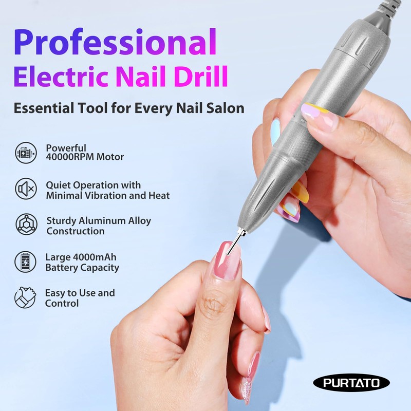 PURTATO Professional Nail Drill 40,000 RPM, Rechargeable,LCD Display E File
